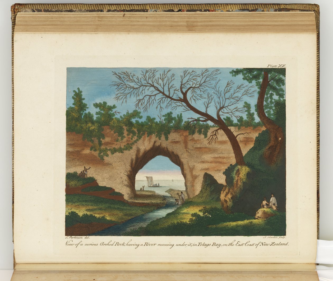 Udsigt over en mærkelig buet klippe med en flod der løber under sig, Tolaga Bay, på New Zealands østkyst, illustration fra A journal of a voyage to the South Seas: in His Majestæts skib, Ende af Sydney