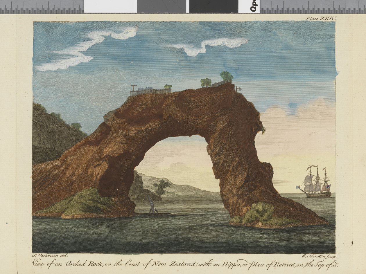 Udsigt over en buet klippe, illustration fra A journal of a voyage to the South Seas: in His Majestys ship, the Endeavour, 1794 (håndkoloreret gravering) af Sydney