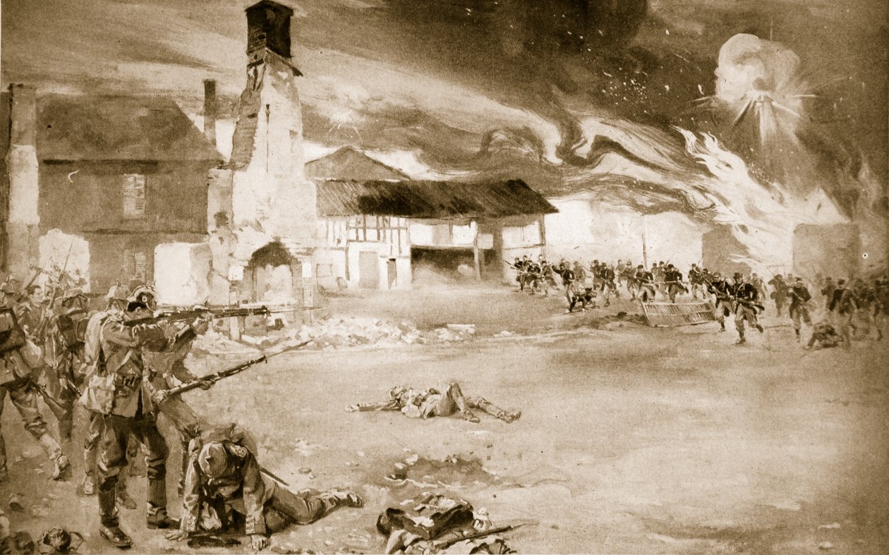 Franskmænd besejrer den tyske kejsergarde i en landsby, der skiftede ejer fire gange, 1914-19 af Sydney Adamson