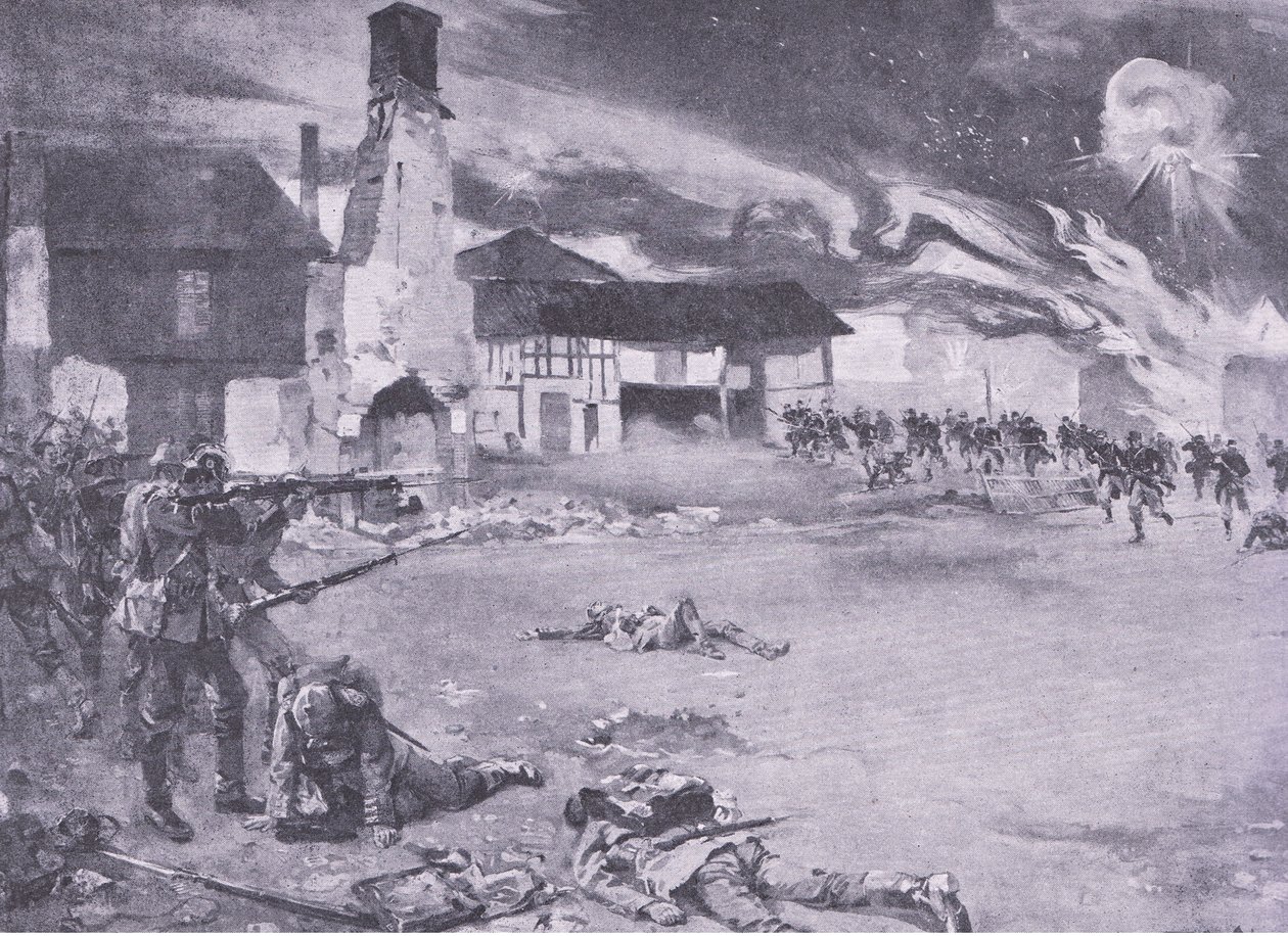 Gadekampe ved den fransk-tyske grænse: A French attack on the Prussian guard, fra History of the Great War Vol 3 udgivet af Waverley Book Co Limited, ca. 1920 af Sydney Adamson