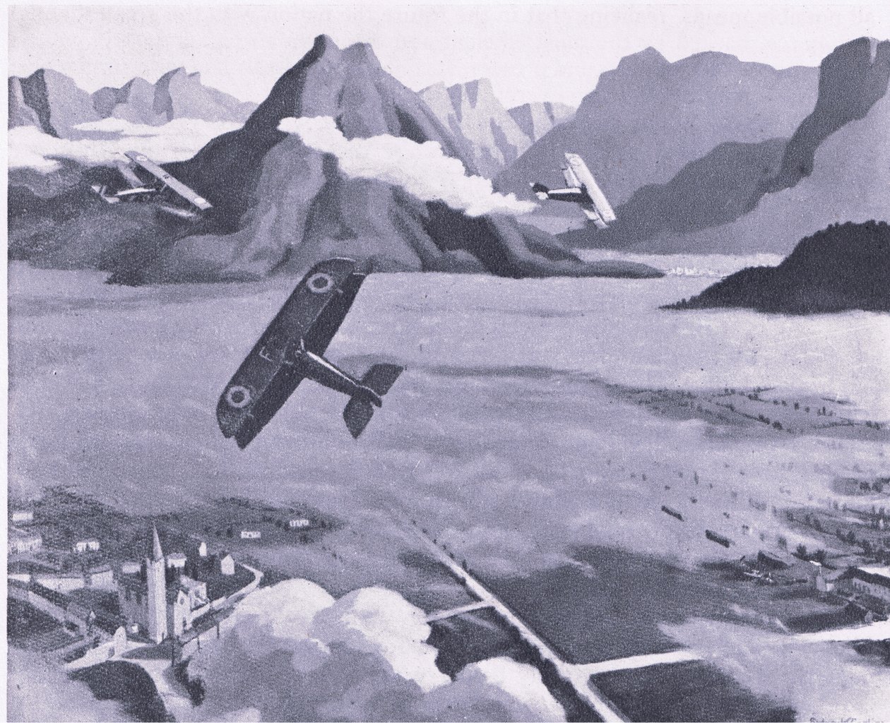 Britiske spejdere, der forlader deres flyveplads på patrulje over Asiago Plateau, Italien, fra British Adventure udgivet af Collins, 1947 af Sydney Carline