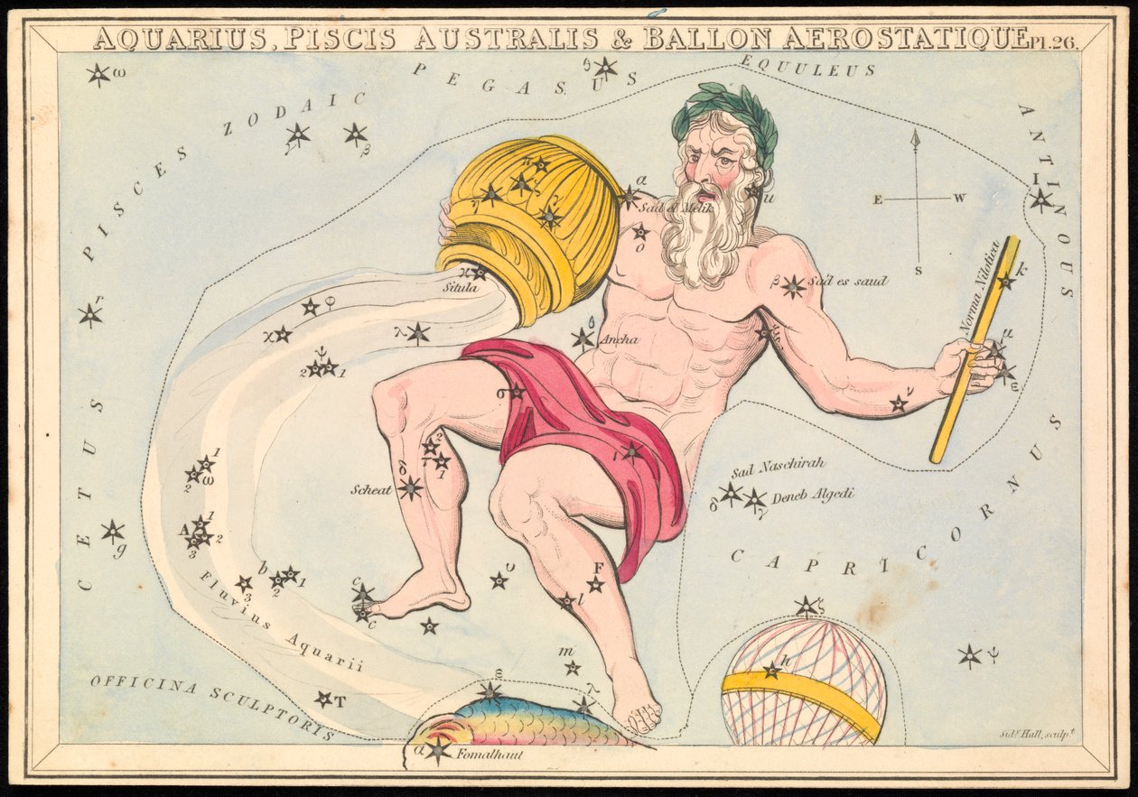 Aquarius, Pisces Australis og Ballon Aerostatique, ca. 1825 (kort, papir, væv) af Sydney Hall