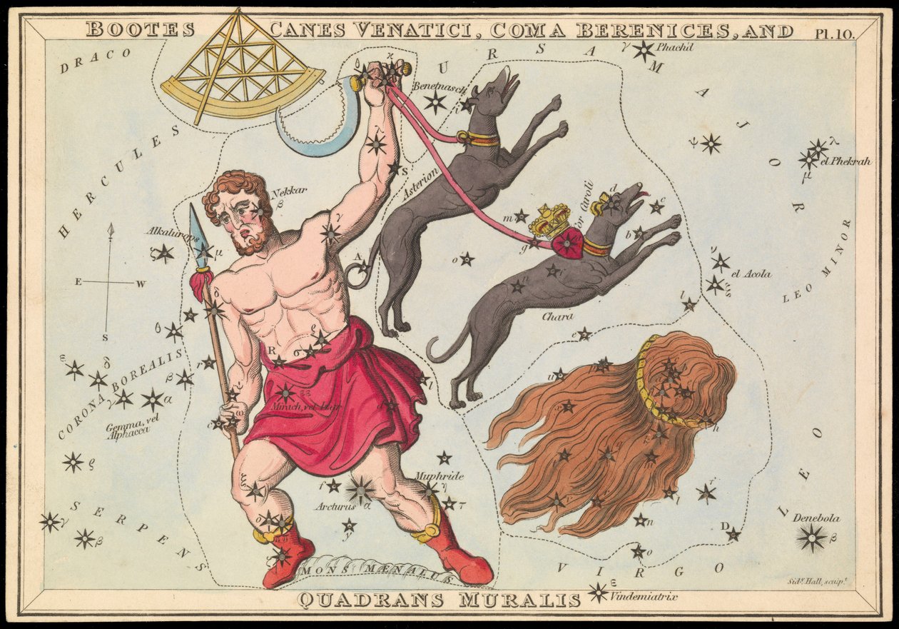 Bootes Canes Venatici, Coma Berenices og Quadrans Muralis, ca. 1825 (kort, papir, væv) af Sydney Hall