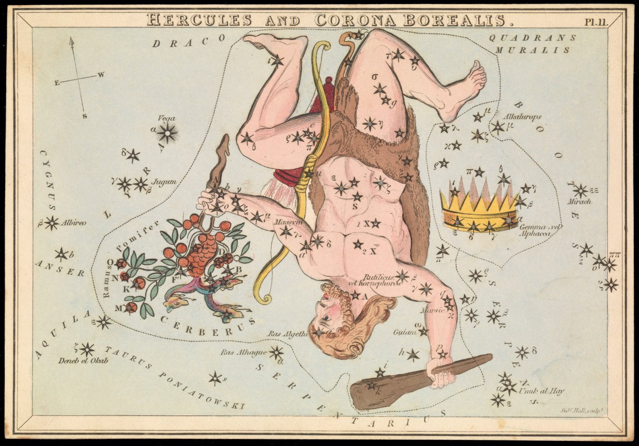 Herkules og Corona Borealis, ca. 1825 (kort, papir, væv) af Sydney Hall
