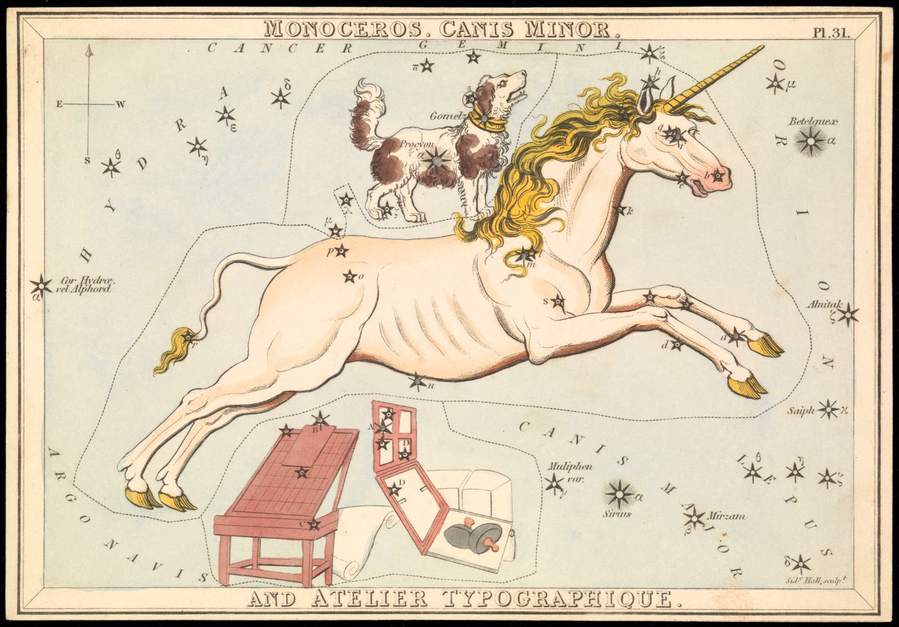 Monoceros, Canis Minor og Atelier Typographique, ca. 1825 (kort, papir, silkepapir) af Sydney Hall