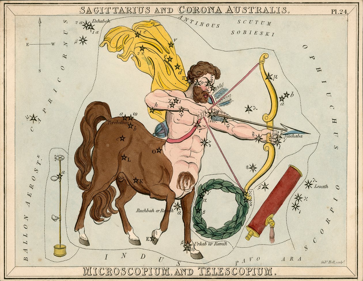 Skytten og Corona Australis. Microscopium og Telescopium, ca. 1825 (kort, papir, væv) af Sydney Hall