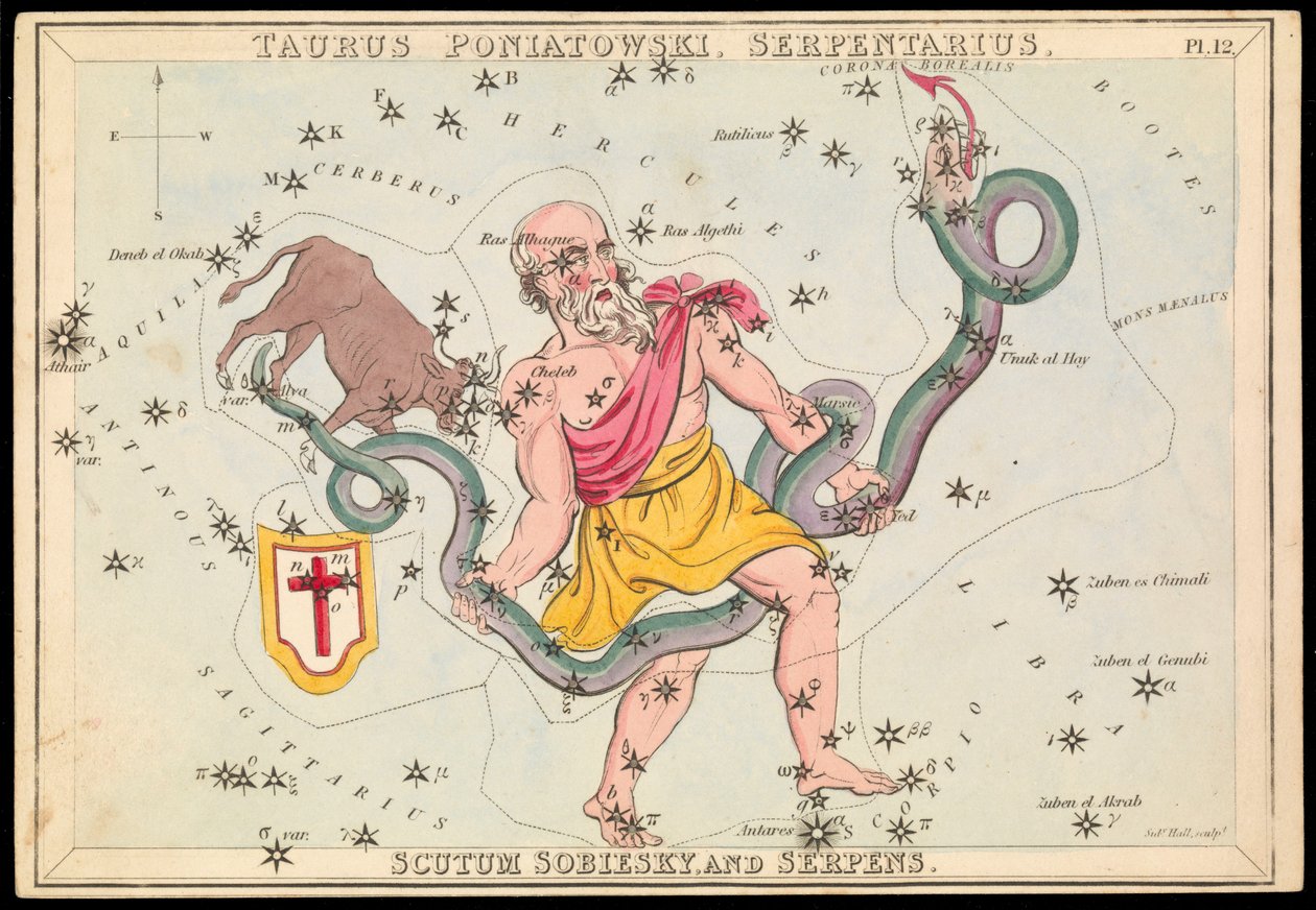 Taurus Poniatowski, Serpentarius, Scutum Sobiesky og Serpens, ca. 1825 (kort, papir, væv) af Sydney Hall