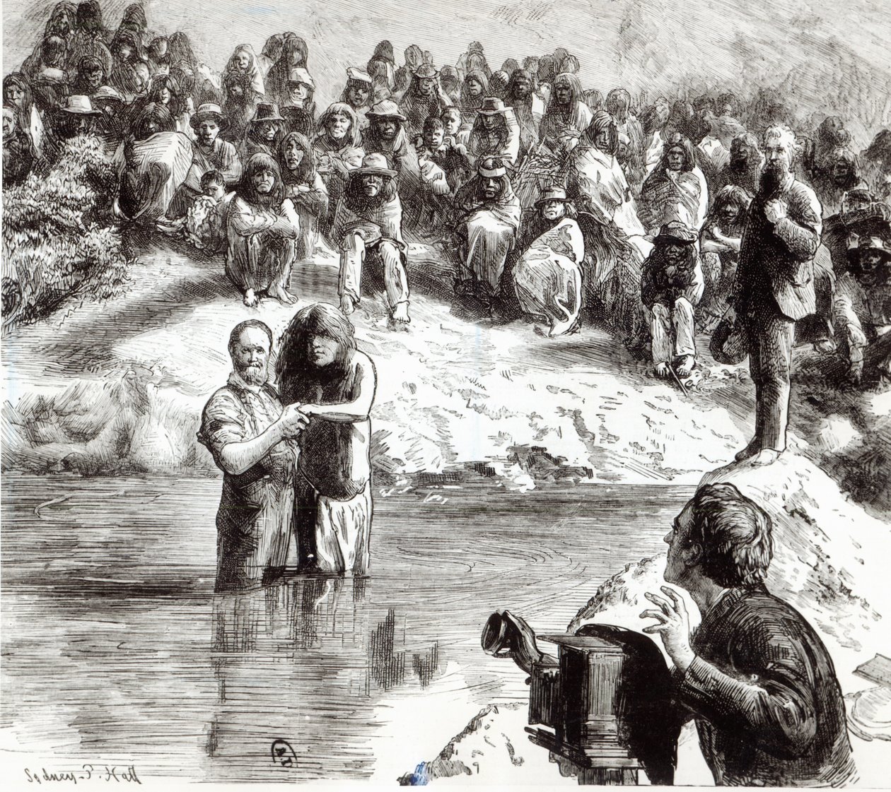 En dåb af nordamerikanske indianere - mormoner, der poserer som Kristi apostle, 1892 af Sydney Prior Hall