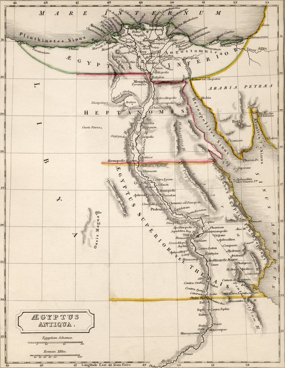 Kort over Aegyptus Antiqua (det gamle Egypten), tegnet og indgraveret af Sydney Hall, ca. 1826 af Sydney Prior Hall