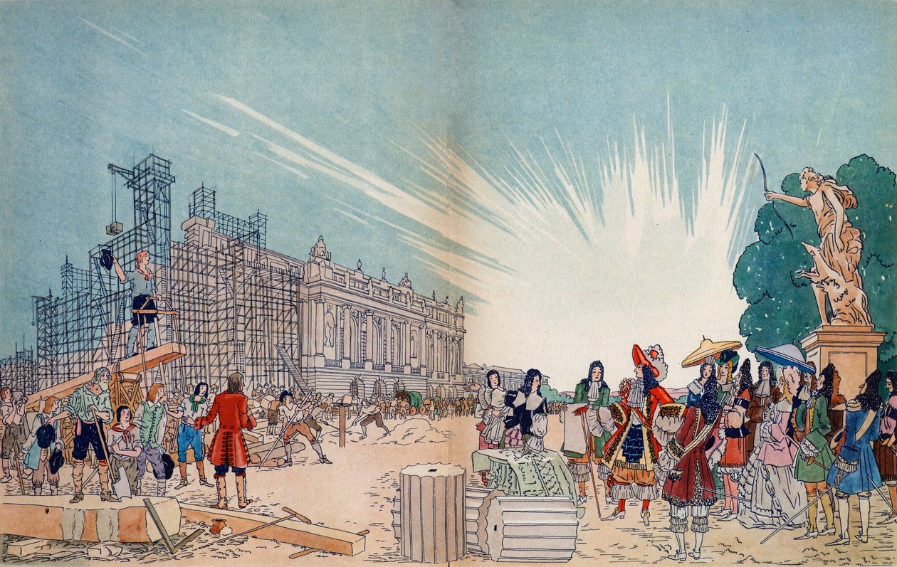 Opførelsen af slottet i Versailles i 1678 efter tegninger af Jules Hardouin Mansart, med Frankrigs konge Ludvig XIV i forgrunden - Illustration af Sylvain Sauvage (1888-1948) for af Sylvain Sauvage