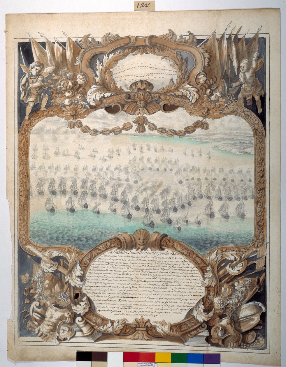 Søslag givet nær Agouste, den 22. april 1676 (sort blæk & kortpen med akvarel på papir) af Sylvain Bonnet