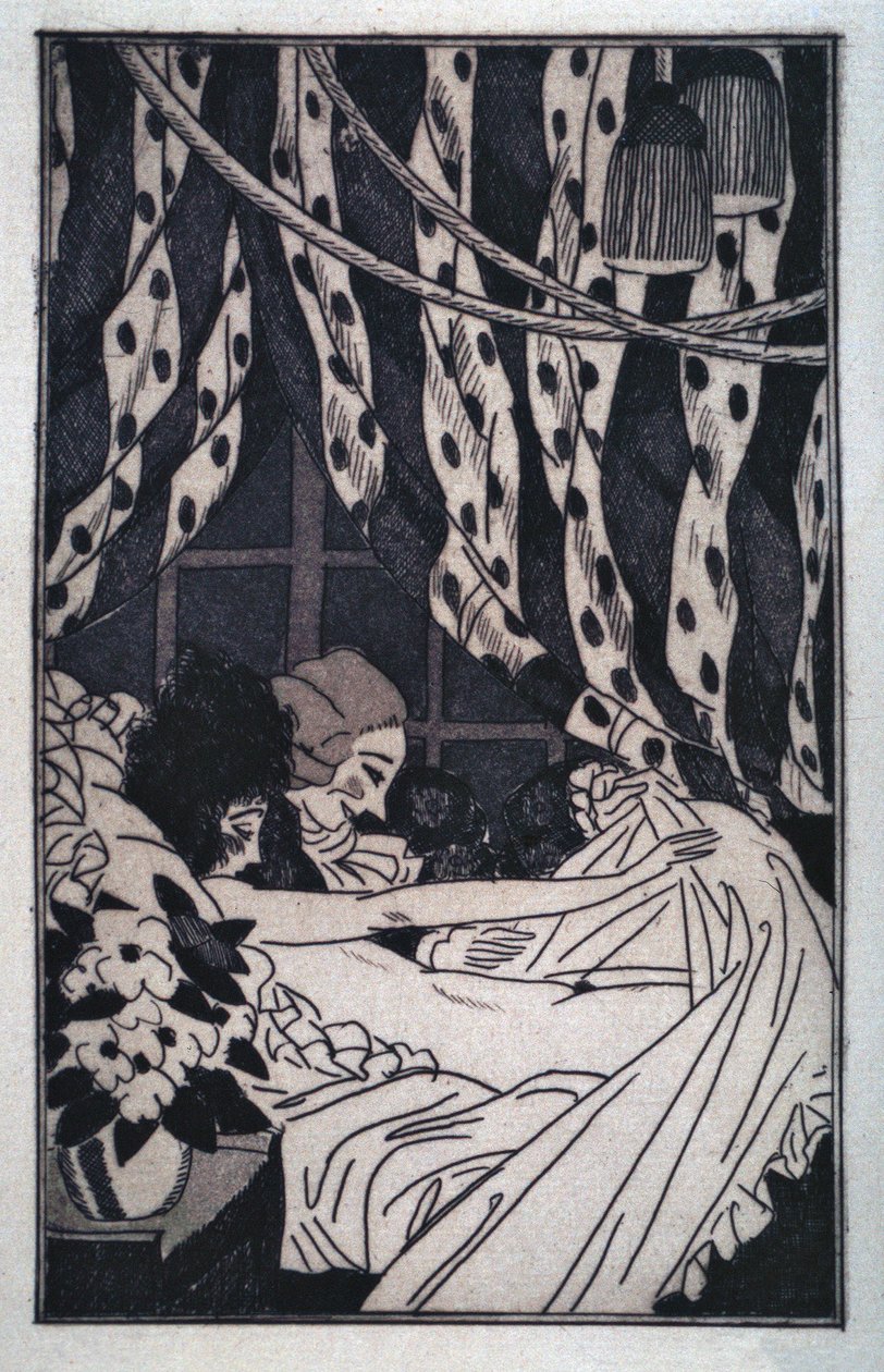 Erotik: Giacomo Casanova (1725-1798) hæver arkene for at betragte sin nøgne elskerinde, tidligt i det 20. århundrede (radering) af Sylvain Sauvage
