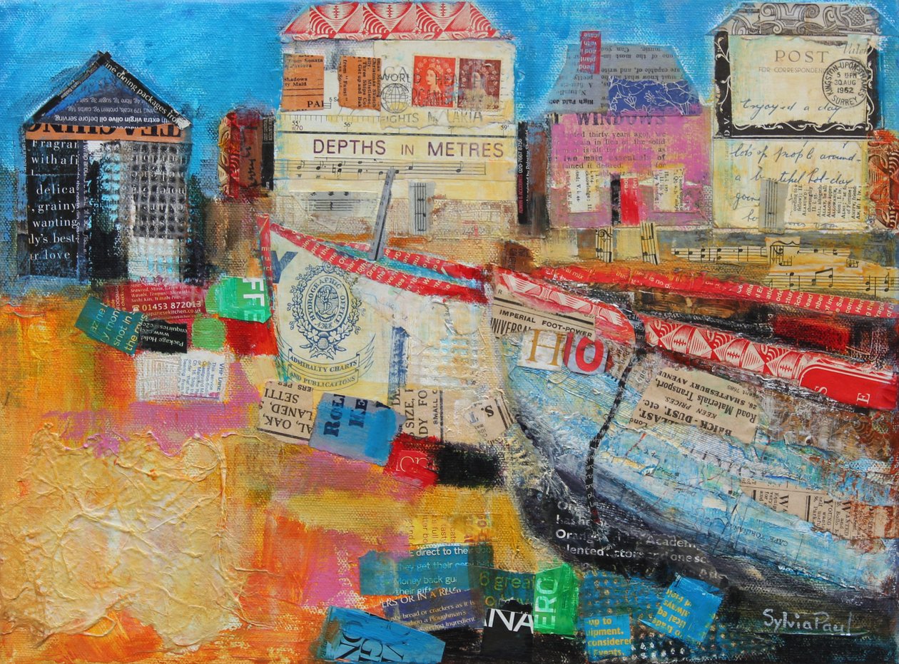 Gamle Fiskerbåde; 2013, akryl papir collage af Sylvia Paul