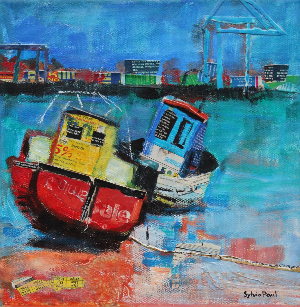 Two Jolly Fishing Boats 2012, collage af akrylpapir af Sylvia Paul