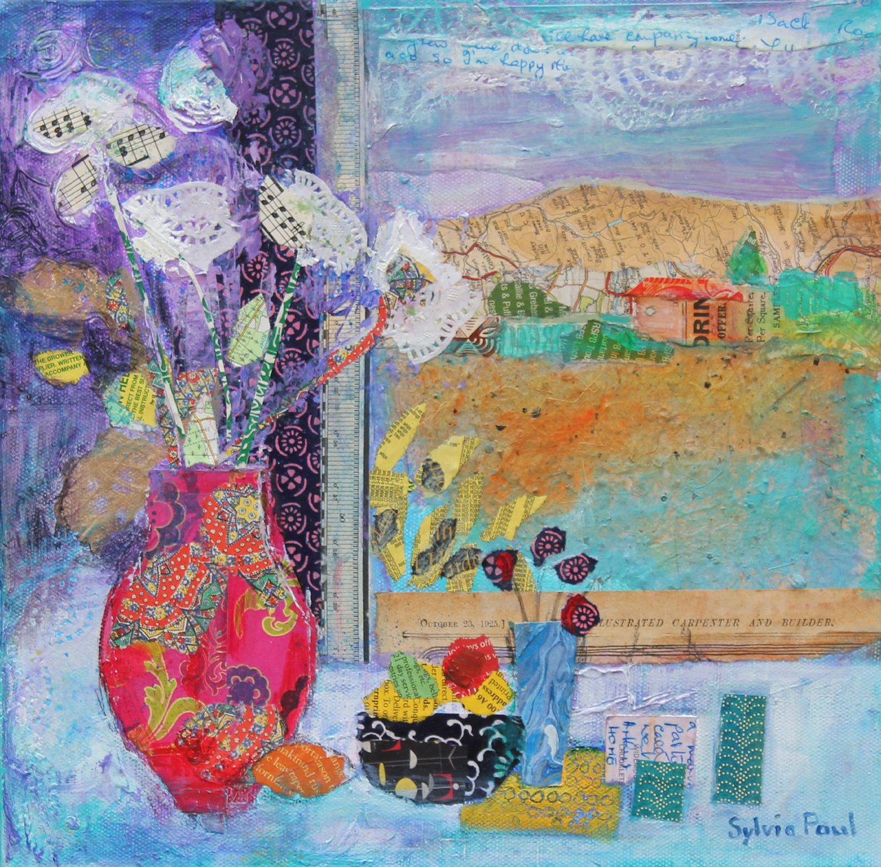 Blomster i vinduet 2014, collage af akrylpapir af Sylvia Paul