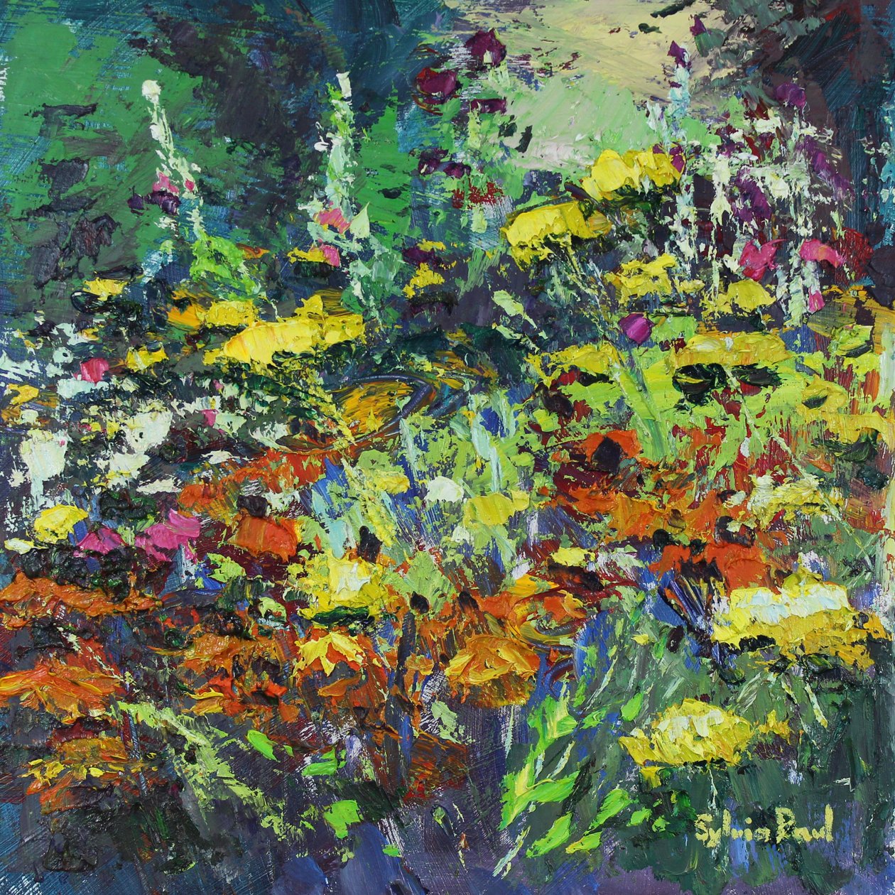 Sunny Garden Colours, 2021 (olie på lærred) af Sylvia Paul