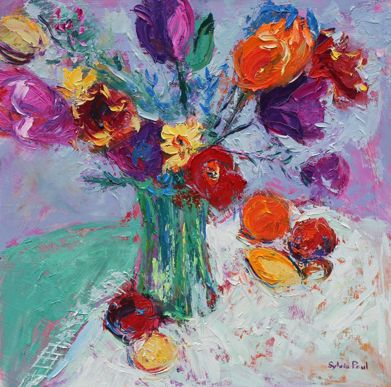 Tulipaner og frugt af Sylvia Paul
