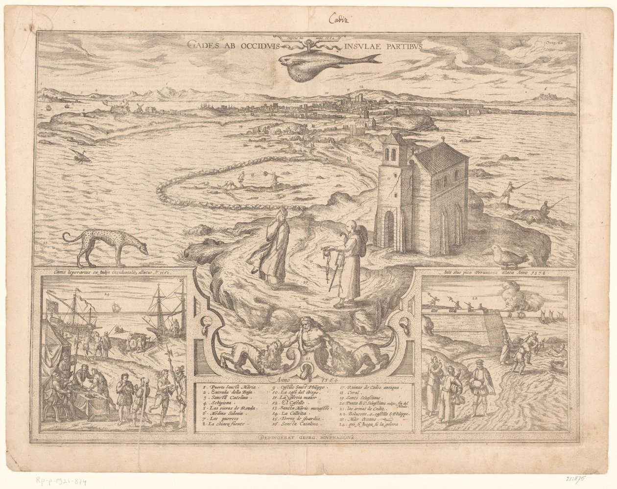 Udsigt over næsset i Cádiz Gades ab occiduis insulae partibus (titel på objekt) af Symon Novelanus (possibly)
