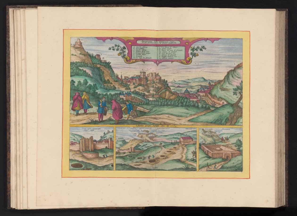 Se på Alhambra i byen Granada Granadas smukkeste slot, almindeligvis kaldet Alhambra, set fra øst (titel på objektet) af Symon Novelanus (possibly)