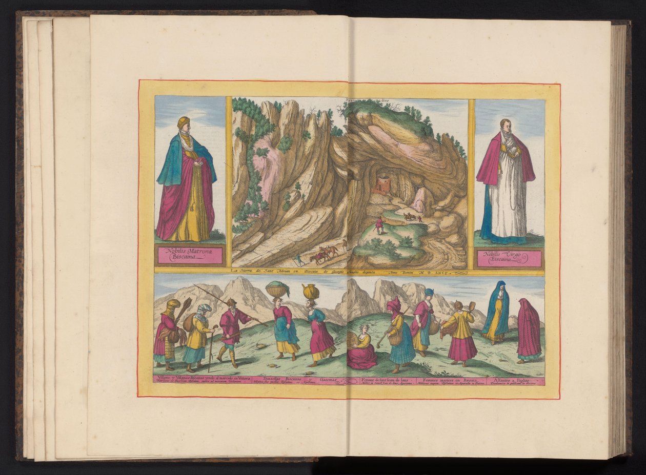 Landskab i Sierra de Sant Adrian i Biscayen og flere indbyggere fra Biscayen La Sierra de Sant Adrian en Biscaia (...) (titel på objektet) af Symon Novelanus (possibly)
