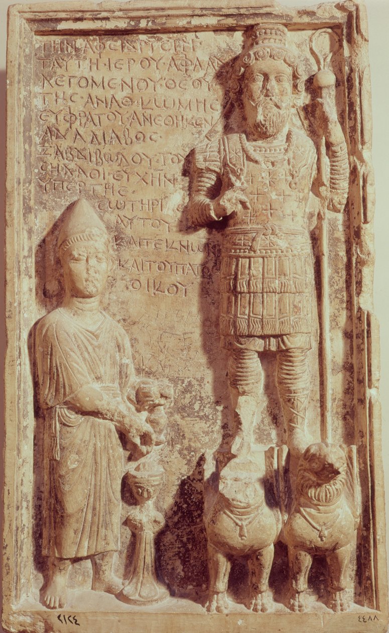 Relief forestillende Aflad, gud for landsbyen Anath ved Eufrat, fra Dura Europos med græsk inskription af Syrian