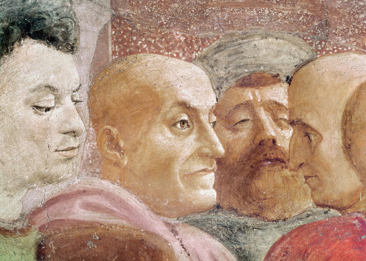 Detalje af mænds hoveder til venstre for kejseren, fra opdragelsen af Theophilus søn, og St. Peter tronet som første biskop af Antiochia, ca. 1427 og ca. 1484-85 (detalje af 63302) af Tommaso Masaccio