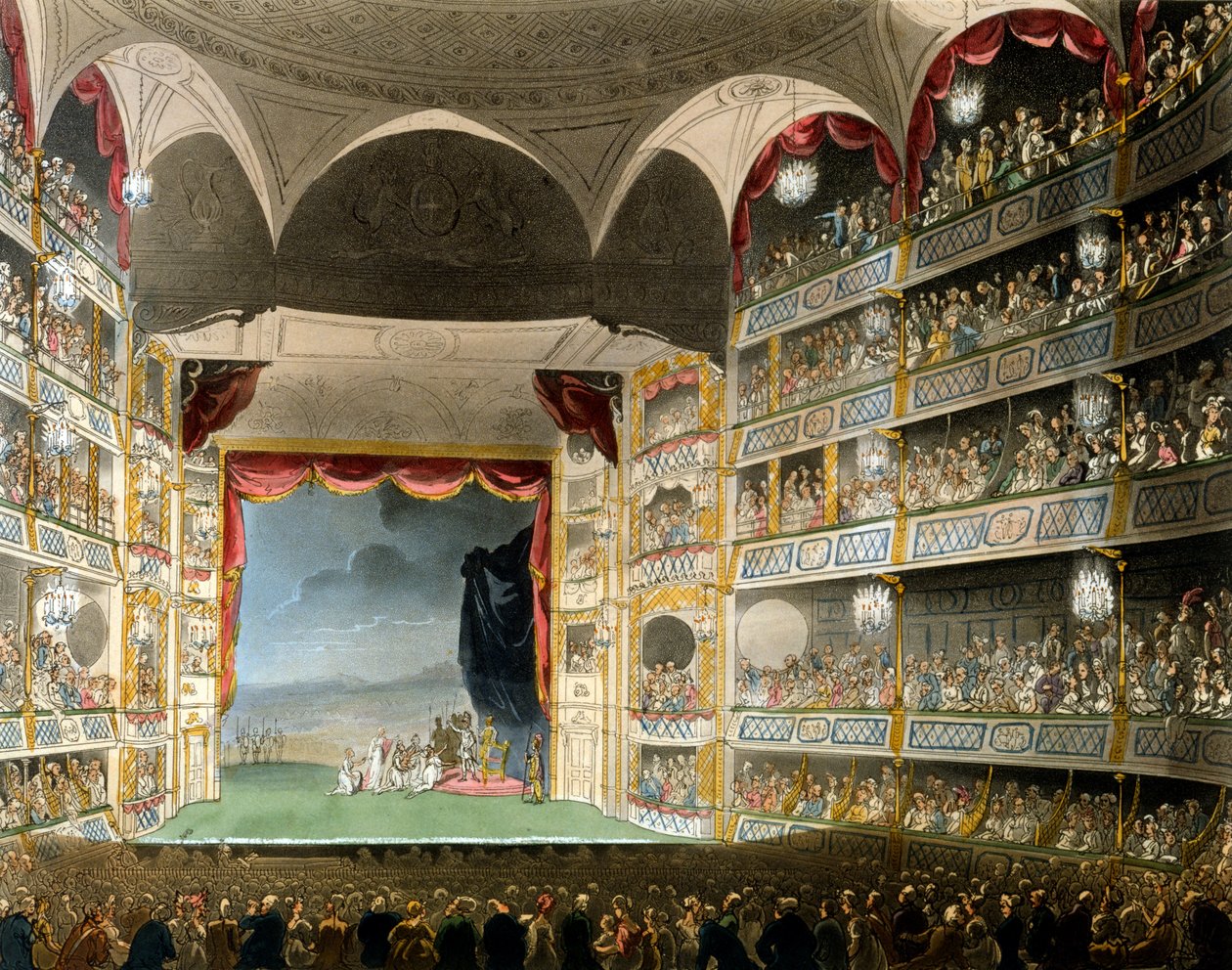 Drury Lane Theatre, fra Microcosm of London, af R Ackermann, 1808 (håndfarvet akvatint) af Pugin and Rowlandson