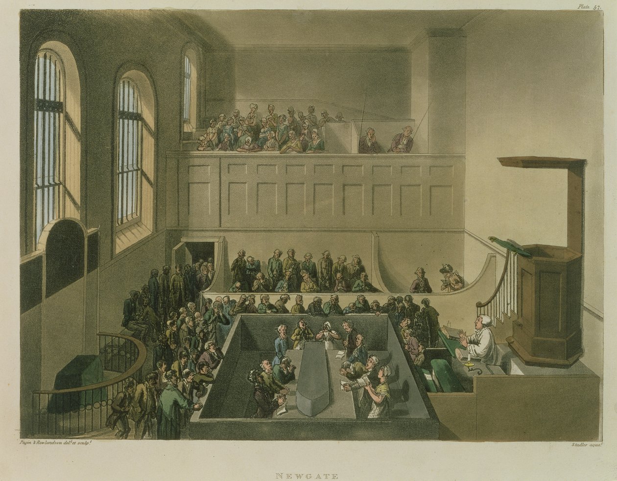 Newgate Chapel, indgraveret af Joseph Constantine Stadler (fl.1780-1812) pub. af R. Ackermann, 1809 (akvatint) af Pugin and Rowlandson