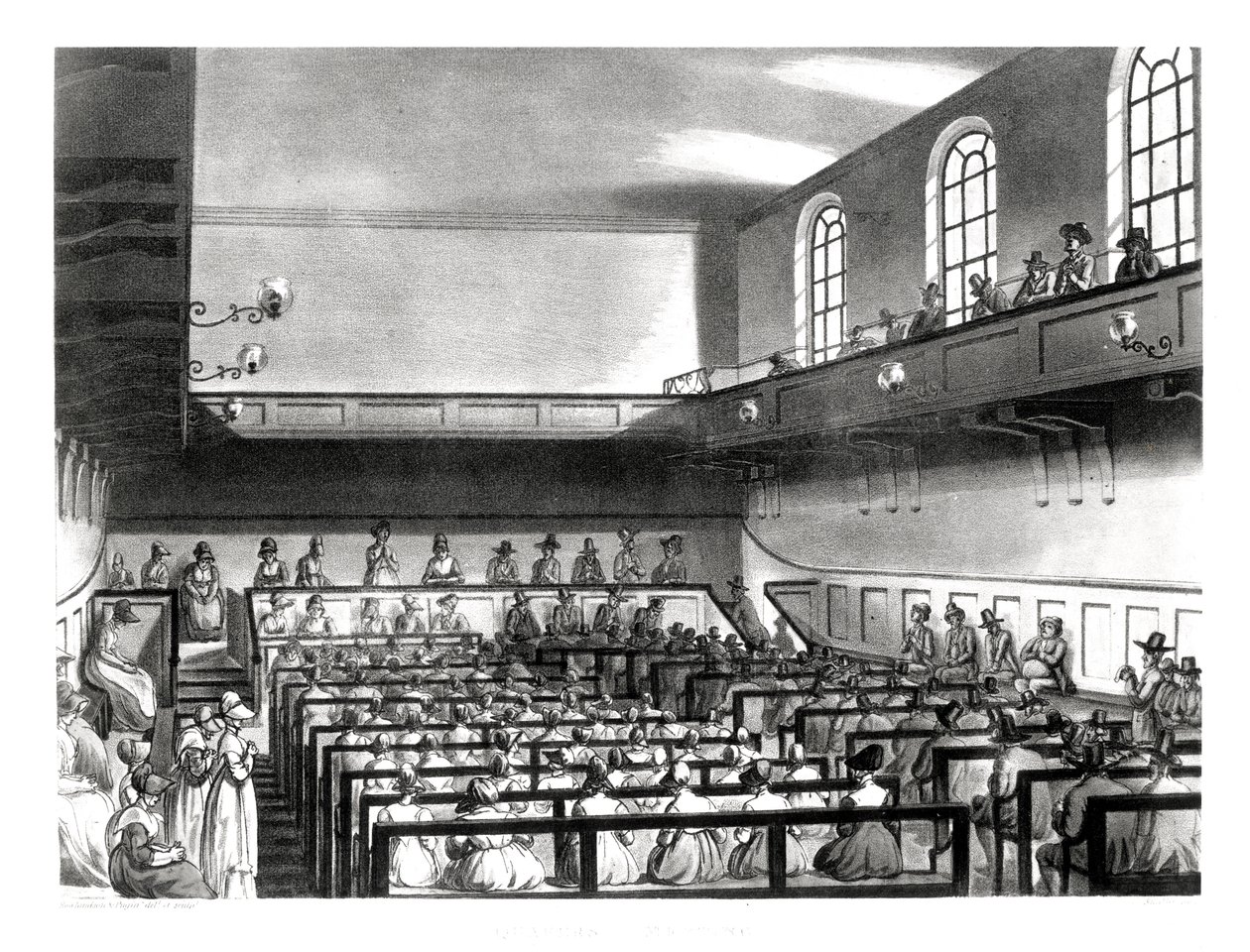 Quakers Meeting, fra Ackermanns Repository of Arts, aquatineret af Joseph Constantine Stadler (fl.1780-1812), pub. i 1809 (akvatint) (se også 50539) af Pugin and Rowlandson