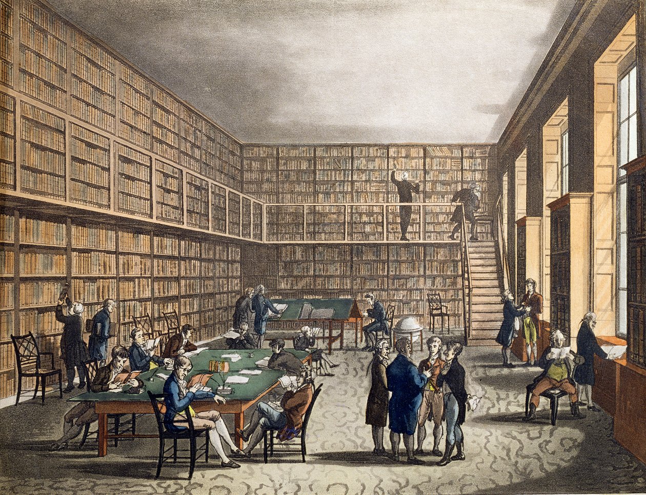 Biblioteket ved The Royal Institution, Albemarle Street, indgraveret af Joseph Constantine (fl.1780-1812) Stadler, 1809 af Pugin and Rowlandson