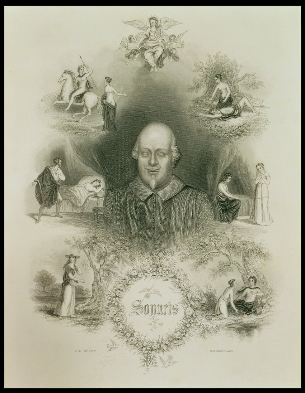 Frontispice til "Sonnets", fra "The Complete Works of Shakespeare", revideret af J. O. Halliwell, graveret af G. Greatbach af T. D. Scott