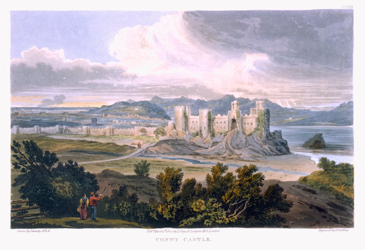 Conwy Castle, 1820 (farvegravering) af T. Gandy