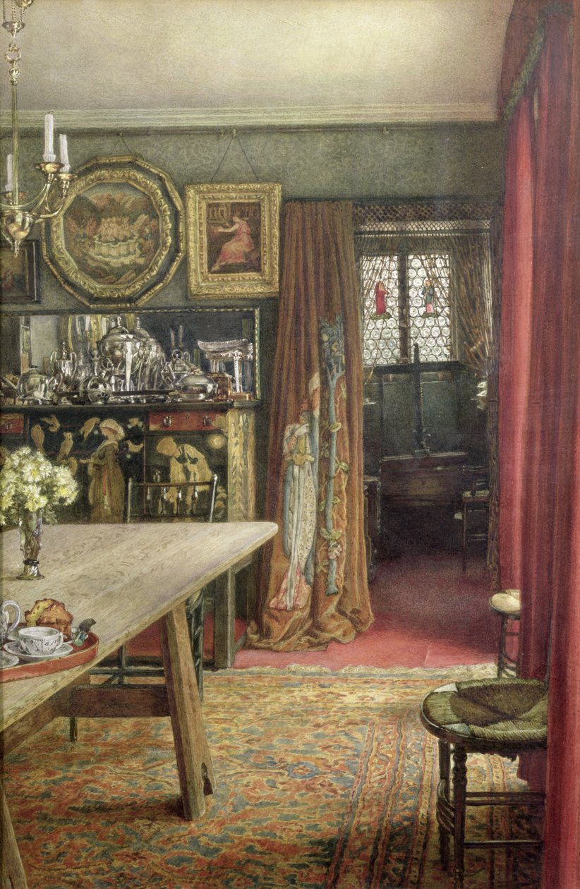 Indvendigt billede af The Grange, North End Road, Fulham, hjemsted for Edward Burne-Jones (1833-98) (wc på papir) af T. M. Rook