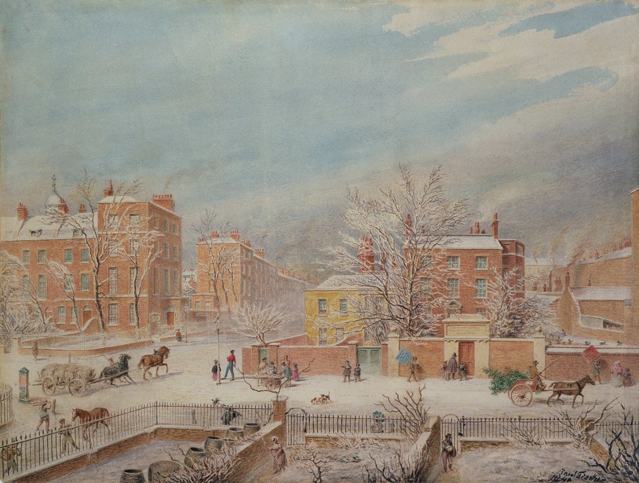 Marylebone Road ved krydset med Lisson Grove og Stingo Lane, der viser den filologiske skole om vinteren, 1849 af T. Paul Fisher