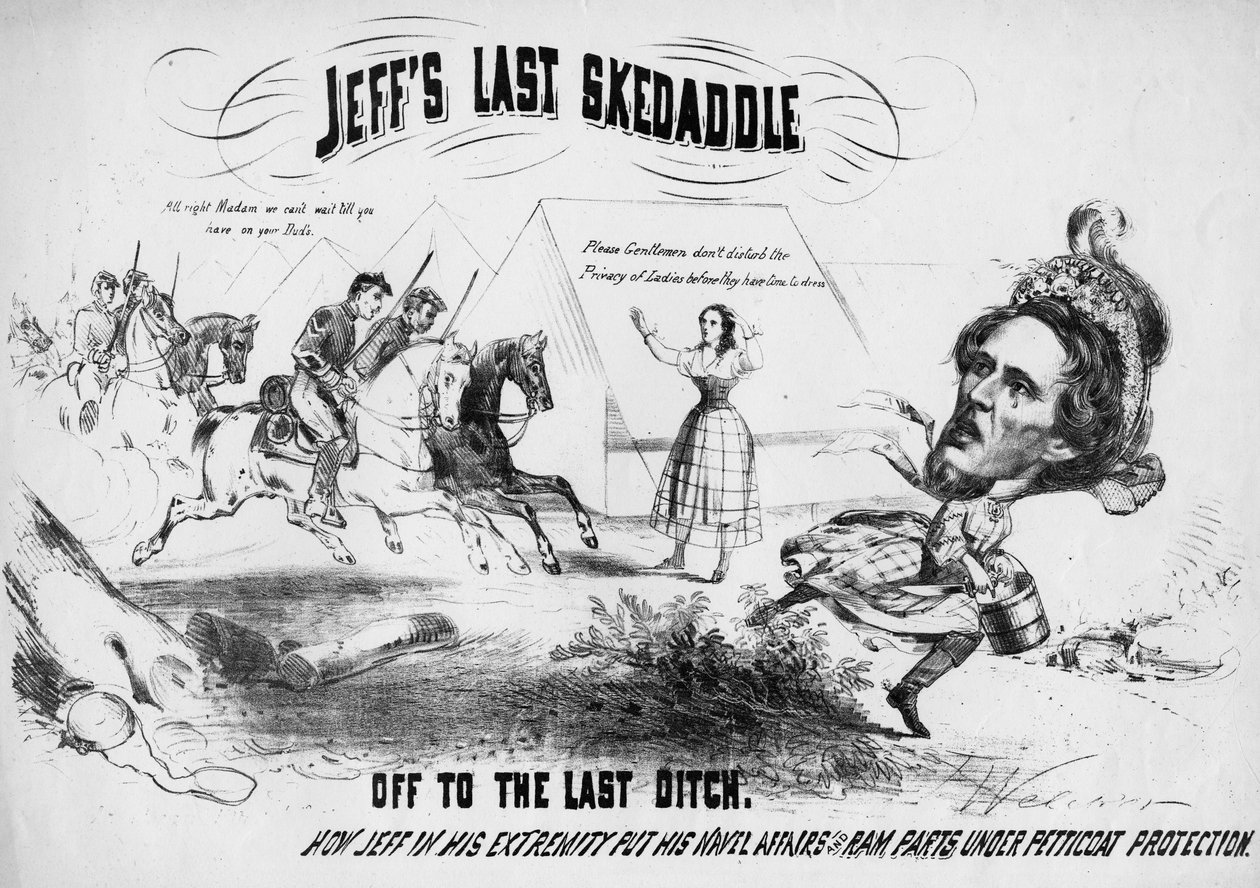 Ovenfor: Jeffs sidste skedaddle, Nedenfor: Afsted til den sidste grøft: hvordan Jeff i sin ekstremitet satte sine navleanliggender og ramdele under underkjolebeskyttelse, ca. 1865 af T. Welcker