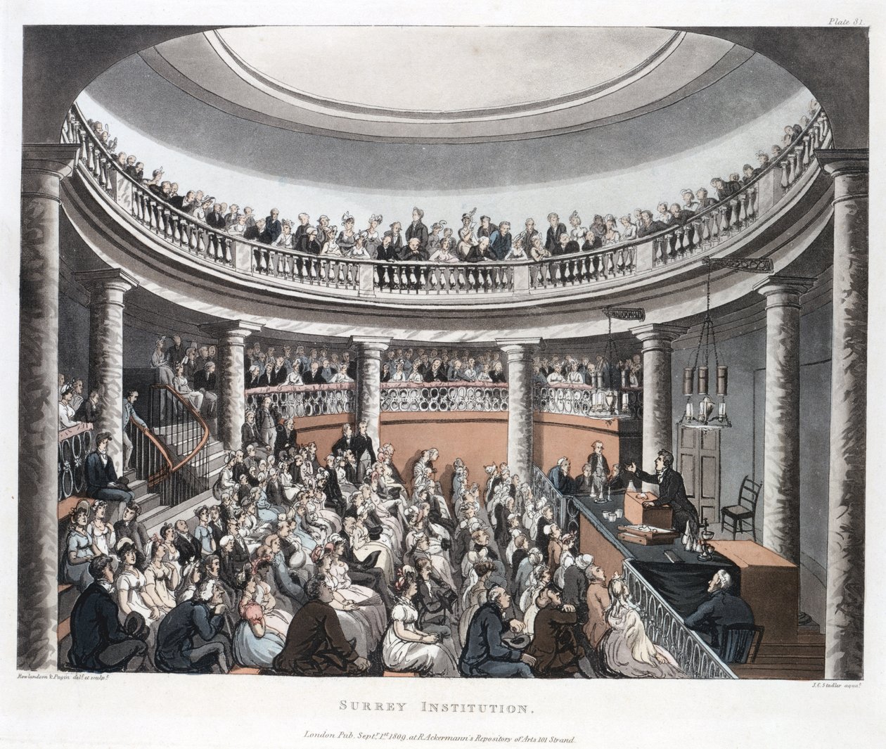 Surrey Institution, Blackfriars, fra Ackermanns Microcosm of London, indgraveret af Joseph Constantine Stadler (fl.1780-1812) 1808 (farvet akvatint) af T. and Pugin Rowlandson