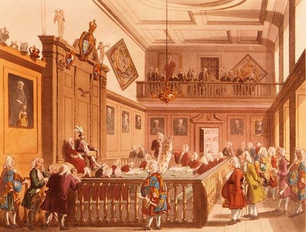 Ridderskabsretten i session i Earl Marshals Court på College of Arms fra Ackermanns Microcosm of London, 1809 af T. and Pugin Rowlandson