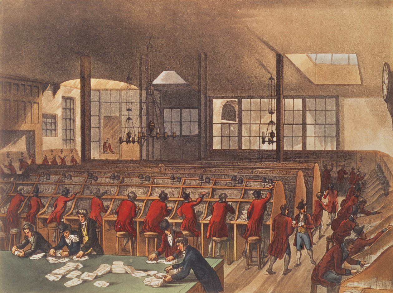 The Post Office, fra Ackermanns Microcosm of London, bind II, Pub. 1809 af T. and Pugin Rowlandson