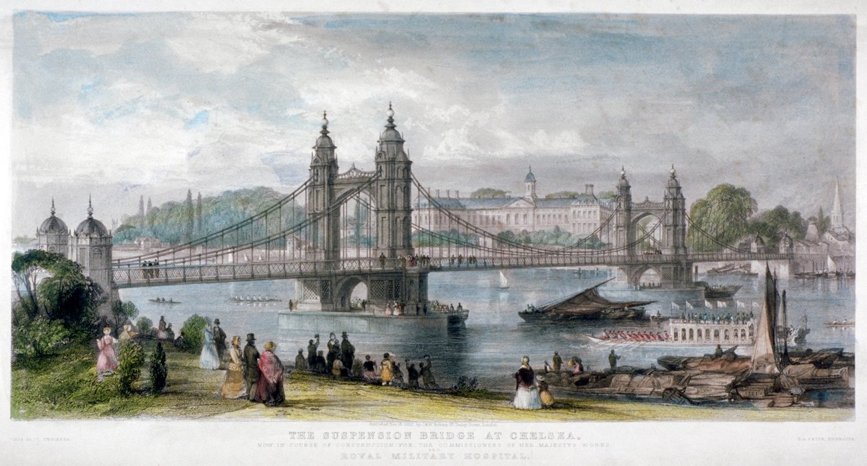 Udsigt over hængebroen i Chelsea, London, 1852. af TA Prior