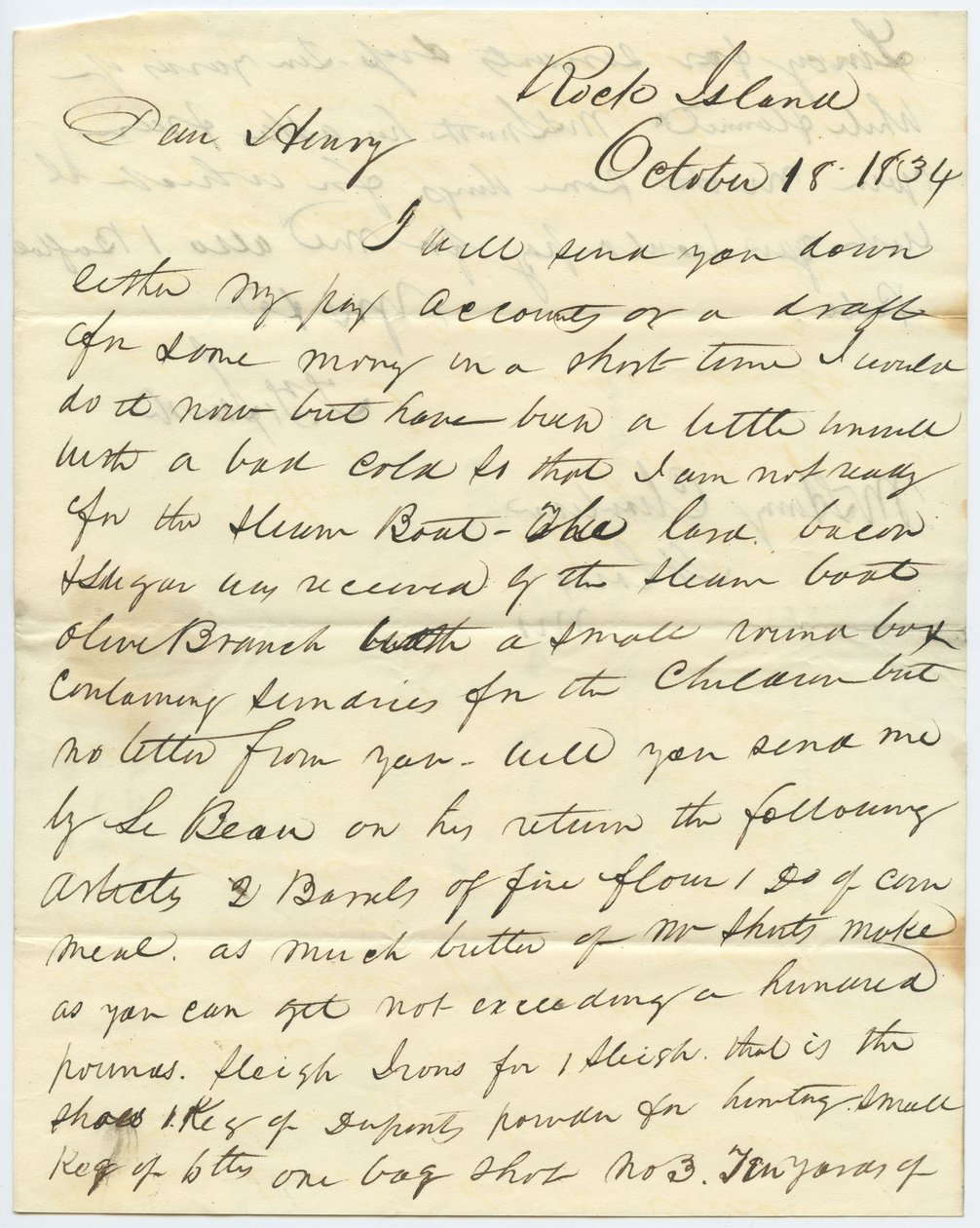 Brev signeret T.F. Smith, Rock Island, til Henry Chouteau, St. Louis, Mo., 18. oktober 1834 af T.F. Smith
