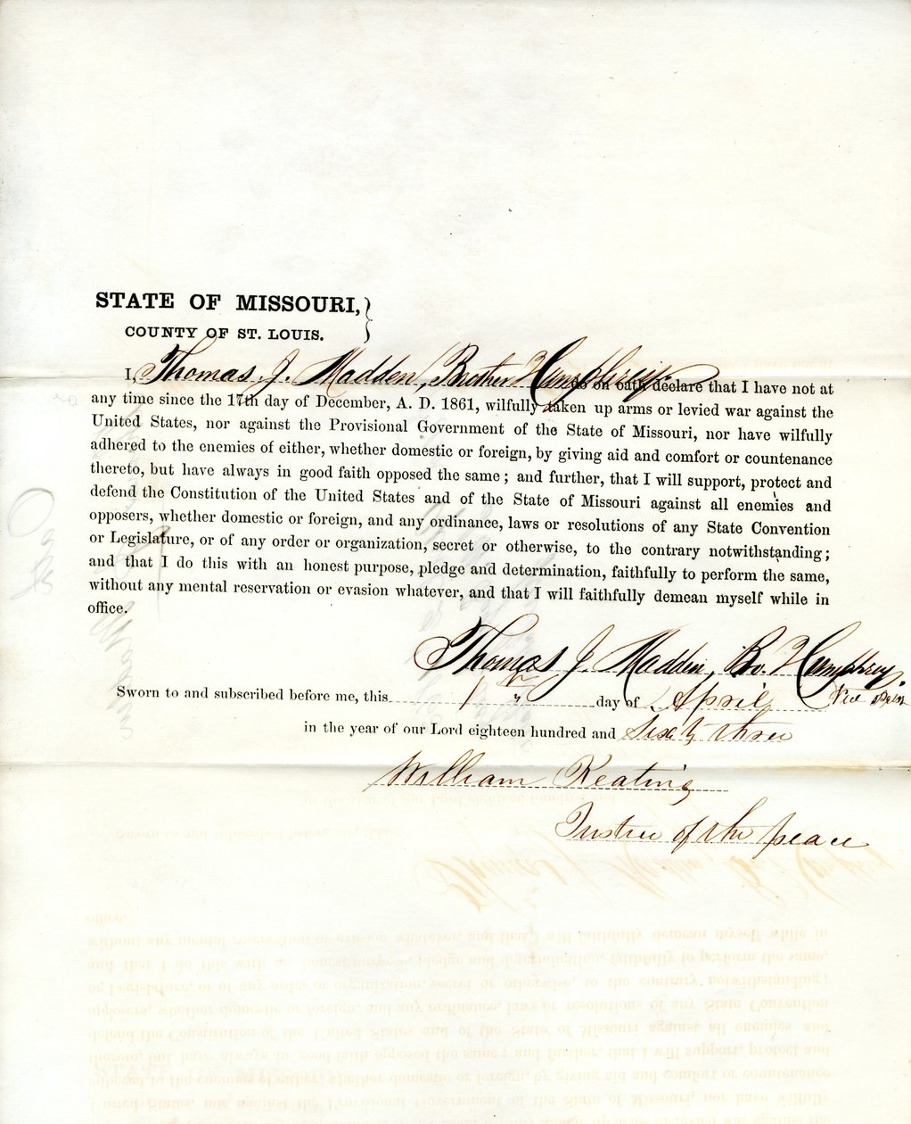 Loyalitetsed af Thomas J. Madden fra Missouri, St. Louis amt af T.J. Madden