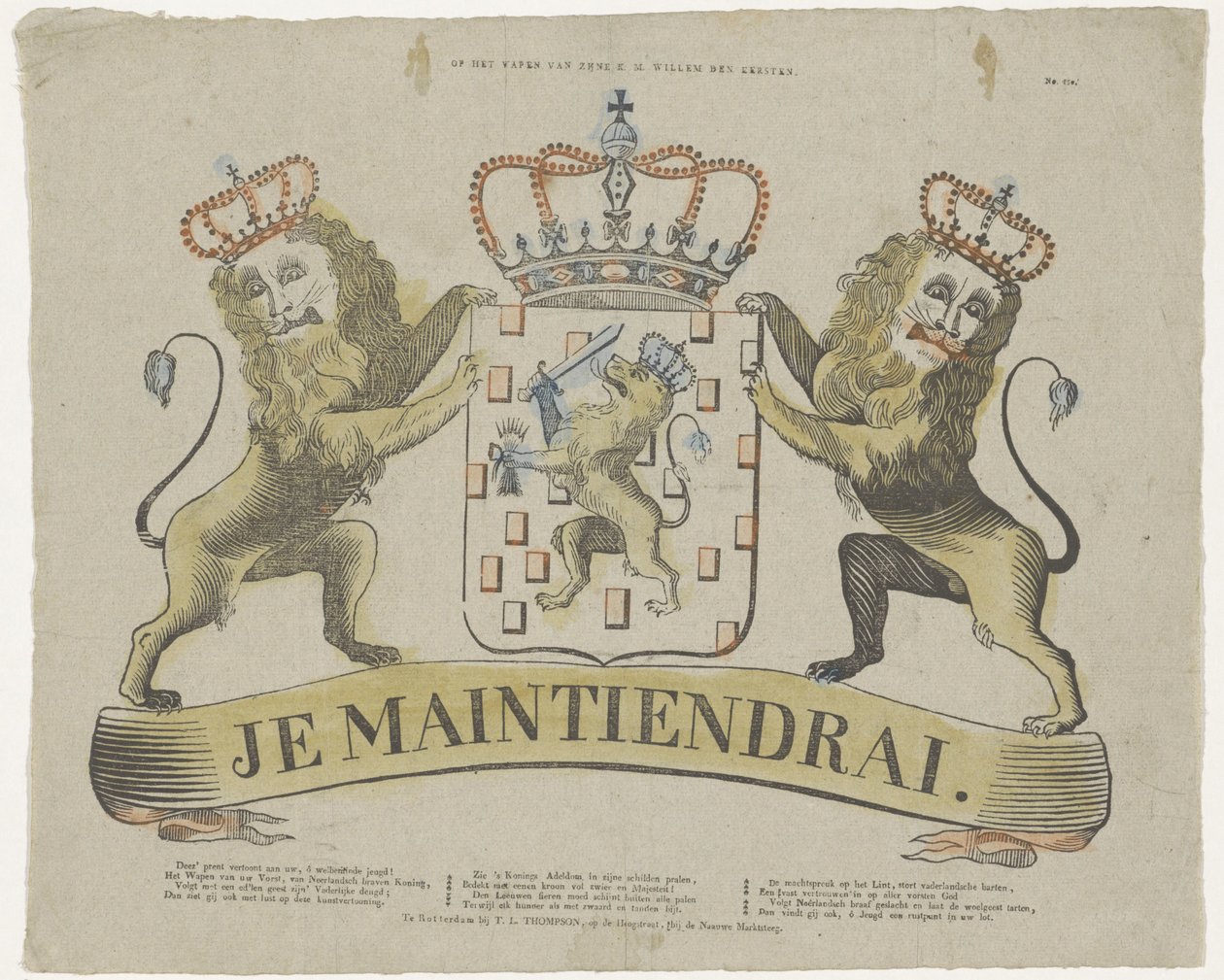 På våbenskjoldet af hans K. M. Willem den Eersteen (titel på objekt) af T.L. Thompson