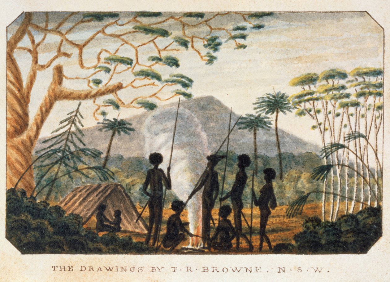 Gruppe af aboriginer omkring et lejrbål, 1813 af T.R. Browne