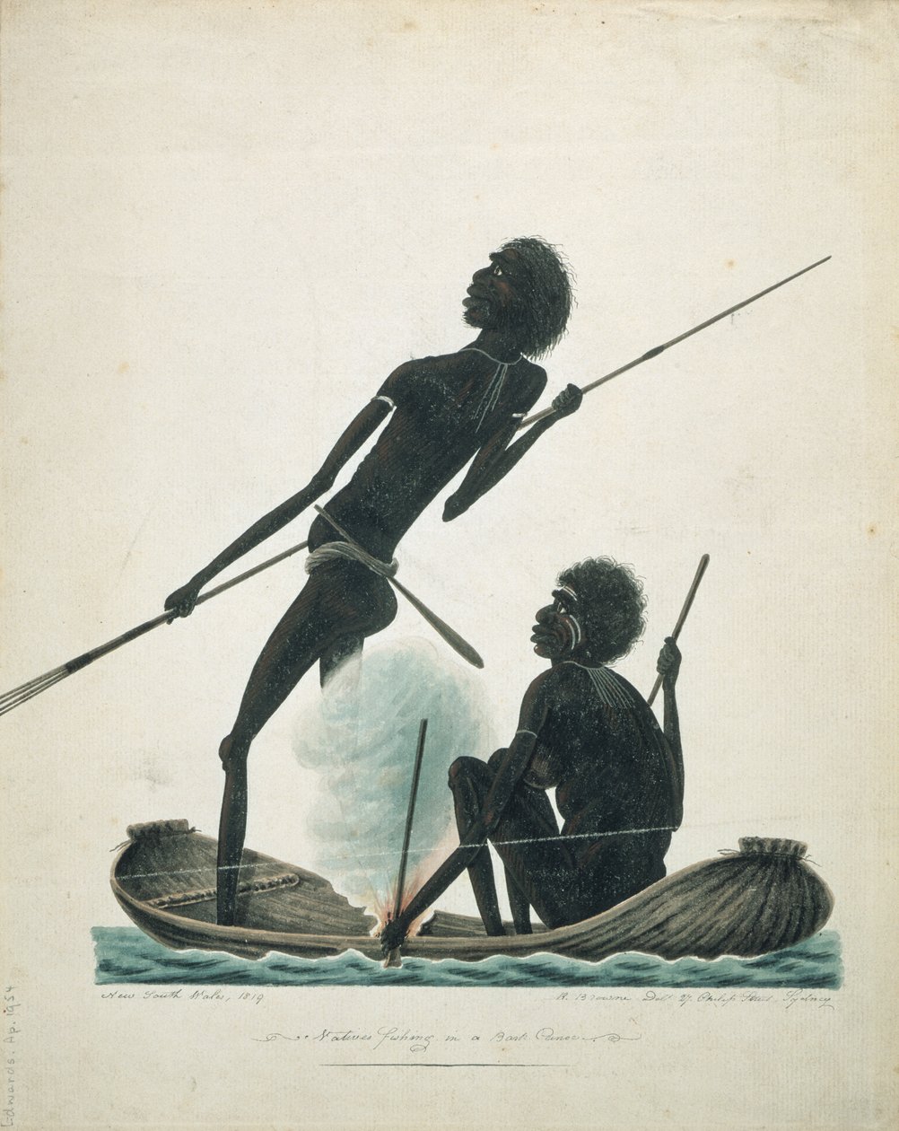 Indfødte, der fisker i en bark-kano, 1819 af T.R. Browne
