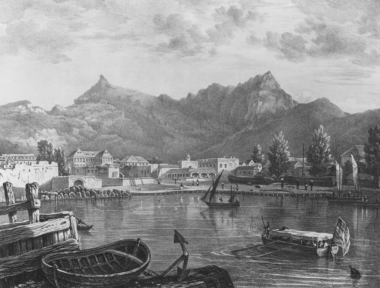 Port Louis, Mauritius, fra den østlige side af havnen, ca. 1830 (litografi) af T. (after) Bradshaw