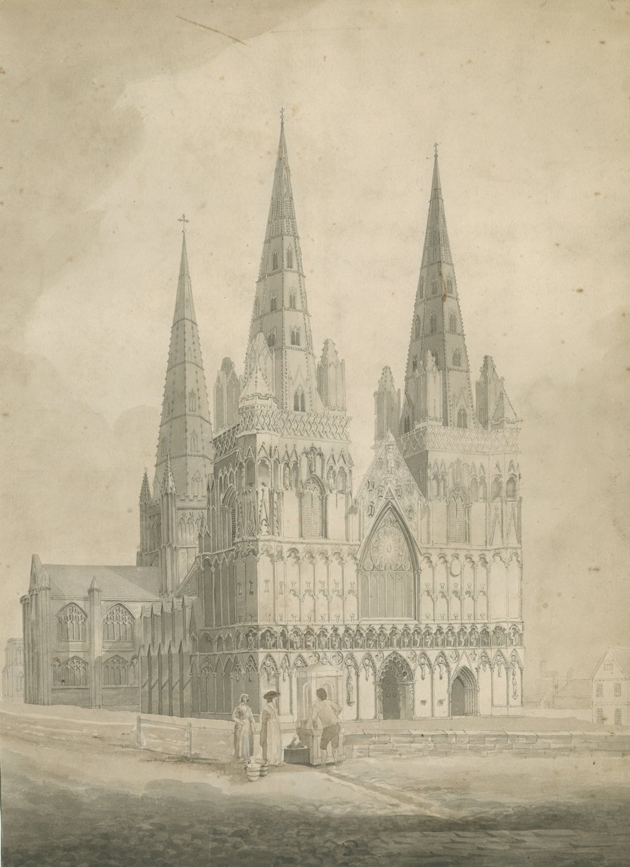 Lichfield Cathedral - West Front: sepia-tegning, nd [1782] af T Carter