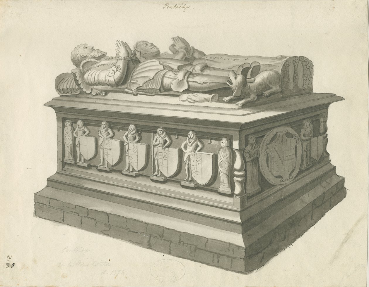 Penkridge Church - Tomb of [Sir Edward Littleton]: sepia tegning, nd [slut 18. århundrede] (tegning) af T Carter