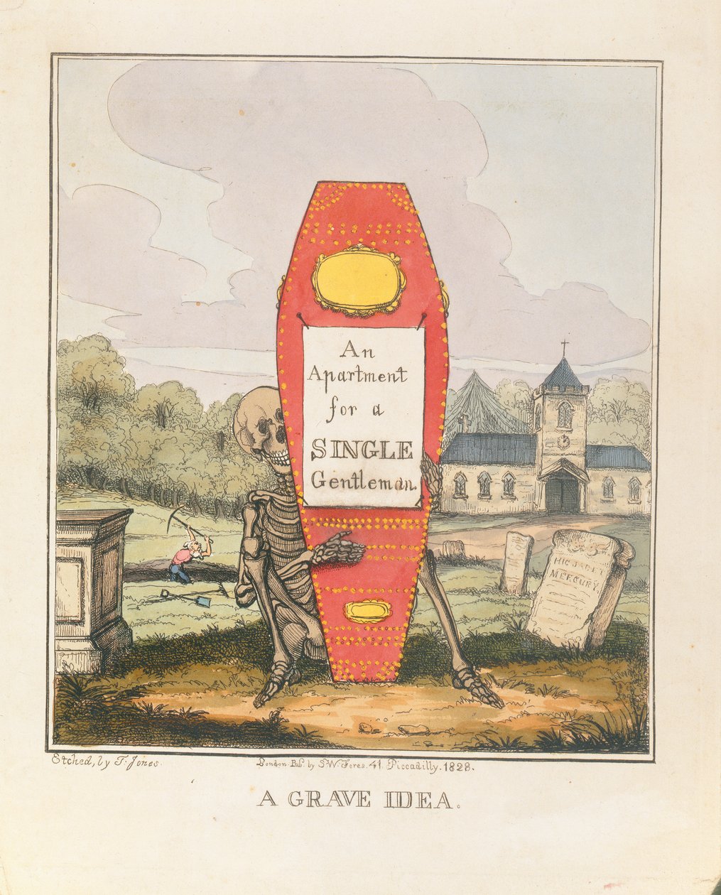 A Grave Idea: An Apartment for a Single Gentleman, pub. 1828 (farvegravering) af T. Hampson Jones