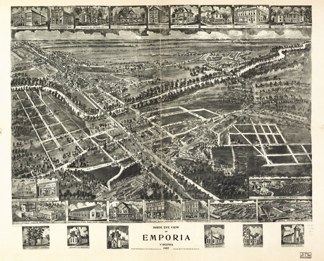 Fugleperspektiv af Emporia, Virginia 1907. af T. M. Fowler