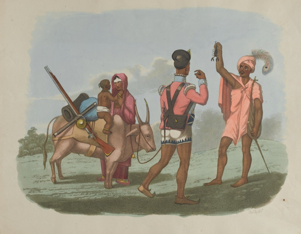 En bengalsk Sepoy og hans familie møder en af Byraggee-kastene, 1799 ca. af T. Medland